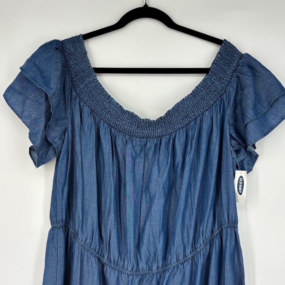 Old Navy Womens XXL Maxi Dress Denim Blue Chambray Off Shoulder Short Sleeves - Picture 2 of 9